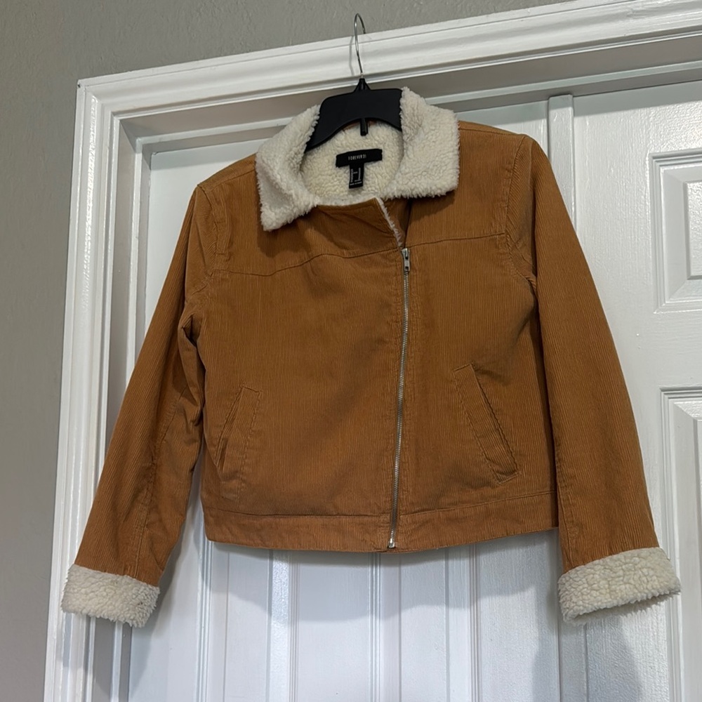 Forever 21 Tan Corduroy Jacket with Cream Sherpa Collar